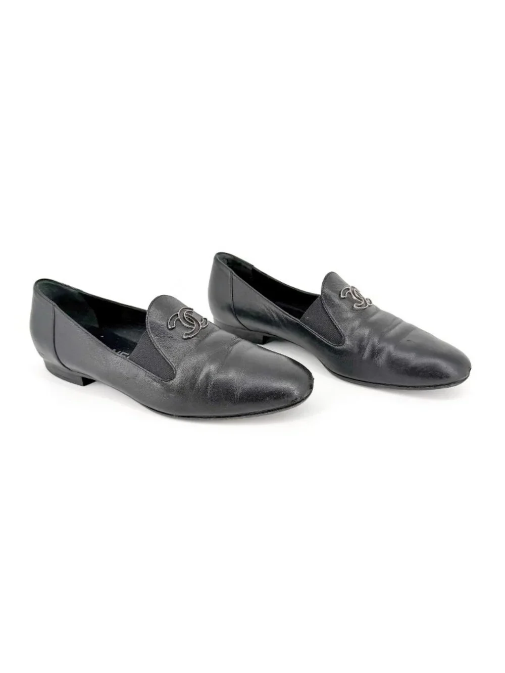 Chanel CC Loafers Black Leather Size 39 US 8-8.5 Women’s Flats Logo